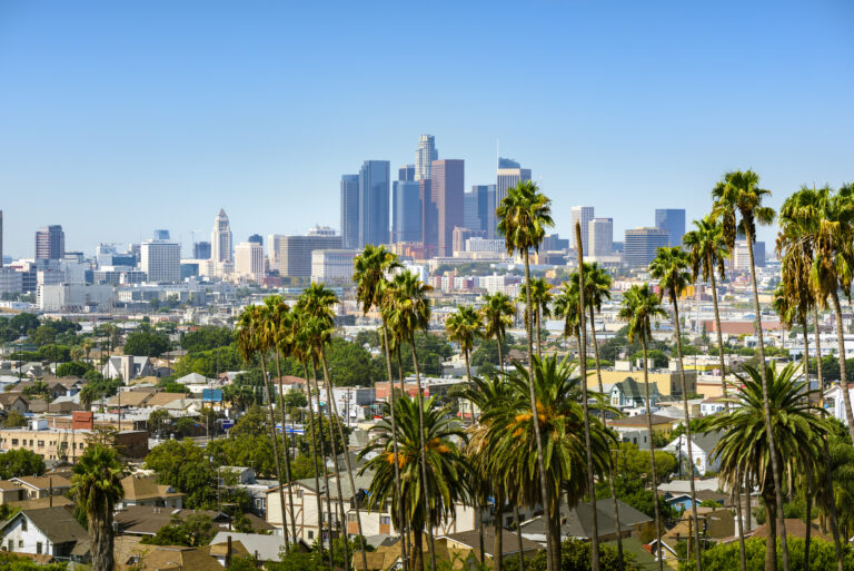 Los,Angeles,,California,,Usa,Downtown,Skyline,And,Palm,Trees,In