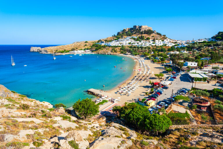 Lindos,Acropolis,And,Beach,Aerial,Panoramic,View,In,Rhodes,Island,