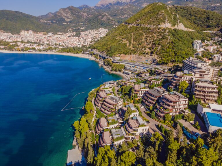 Aerophotography.,View,From,Flying,Drone.,Panoramic,Cityscape,Of,Budva,,Montenegro