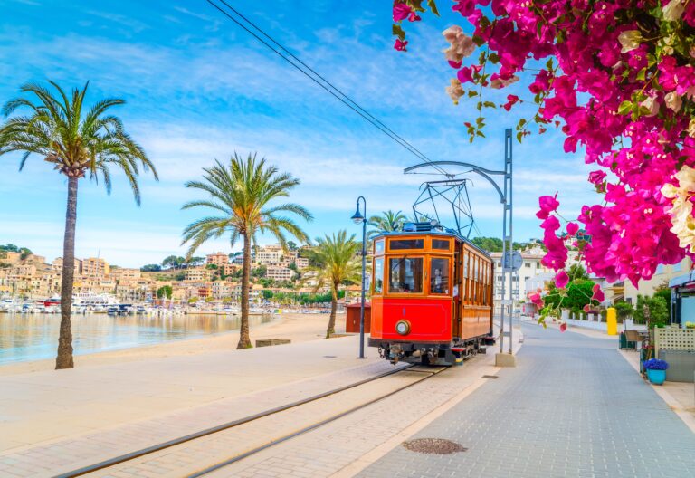 Old,Tram,Of,Port,Soller,Beach,With,Palmas,,Mallorca,At
