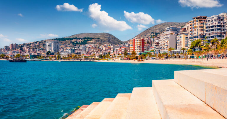 Wonderful,Spring,Cityscape,Of,Saranda,Port.,Spectacular,Mediterranean,Seascape