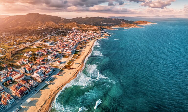 Dramatic,Panoramic,Aerial,View,Of,Iconic,Sarti,Resort,Town,And