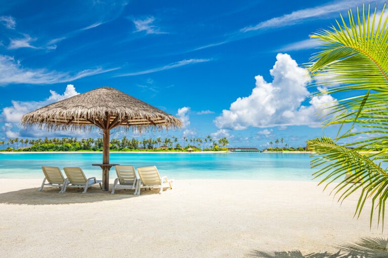 Amazing,Tranquil,Relax,Chairs,Umbrella,Tourism,Carefree.,Maldives,Island,Beach